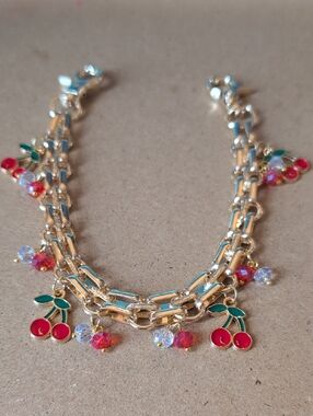 Gold-Tone Cherry Bag Charm Chain with Red Enamel Accents
